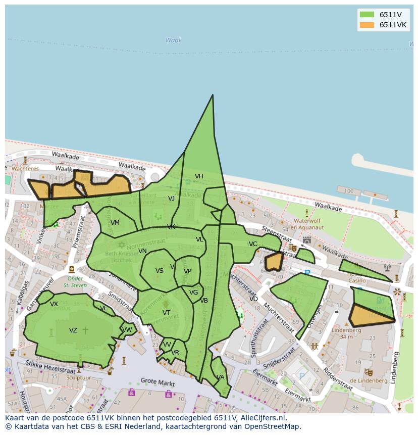 Afbeelding van het postcodegebied 6511 VK op de kaart.