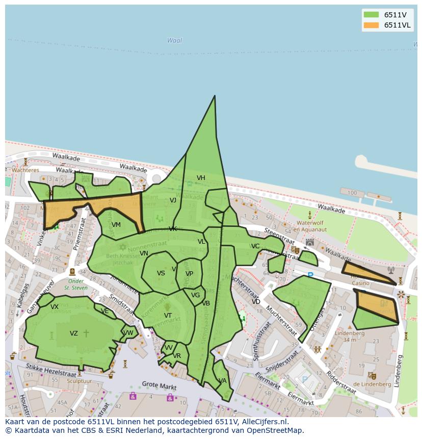 Afbeelding van het postcodegebied 6511 VL op de kaart.