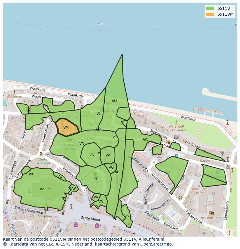 Afbeelding van het postcodegebied 6511 VM op de kaart.