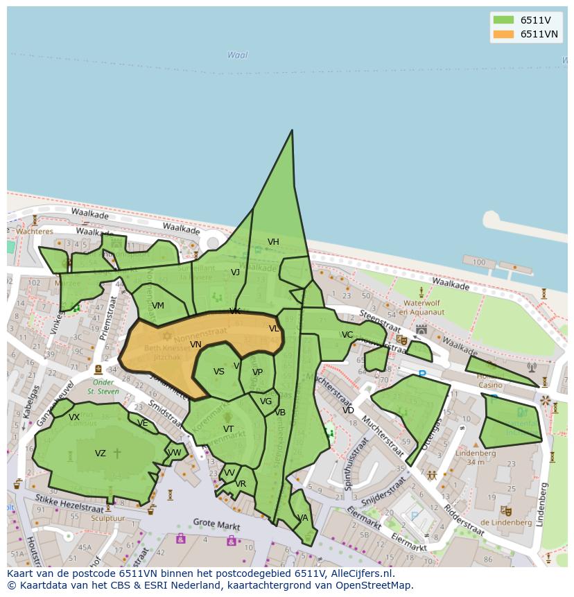 Afbeelding van het postcodegebied 6511 VN op de kaart.