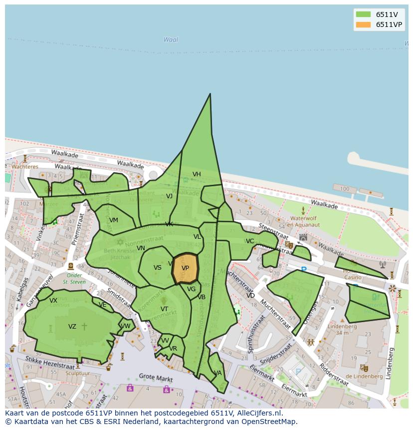 Afbeelding van het postcodegebied 6511 VP op de kaart.