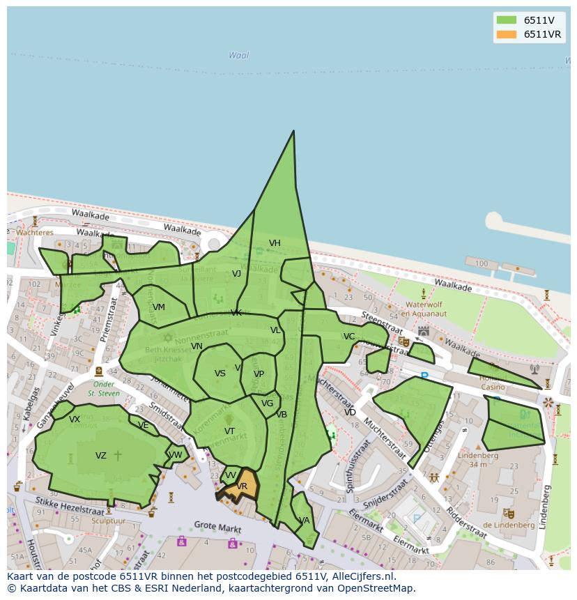 Afbeelding van het postcodegebied 6511 VR op de kaart.