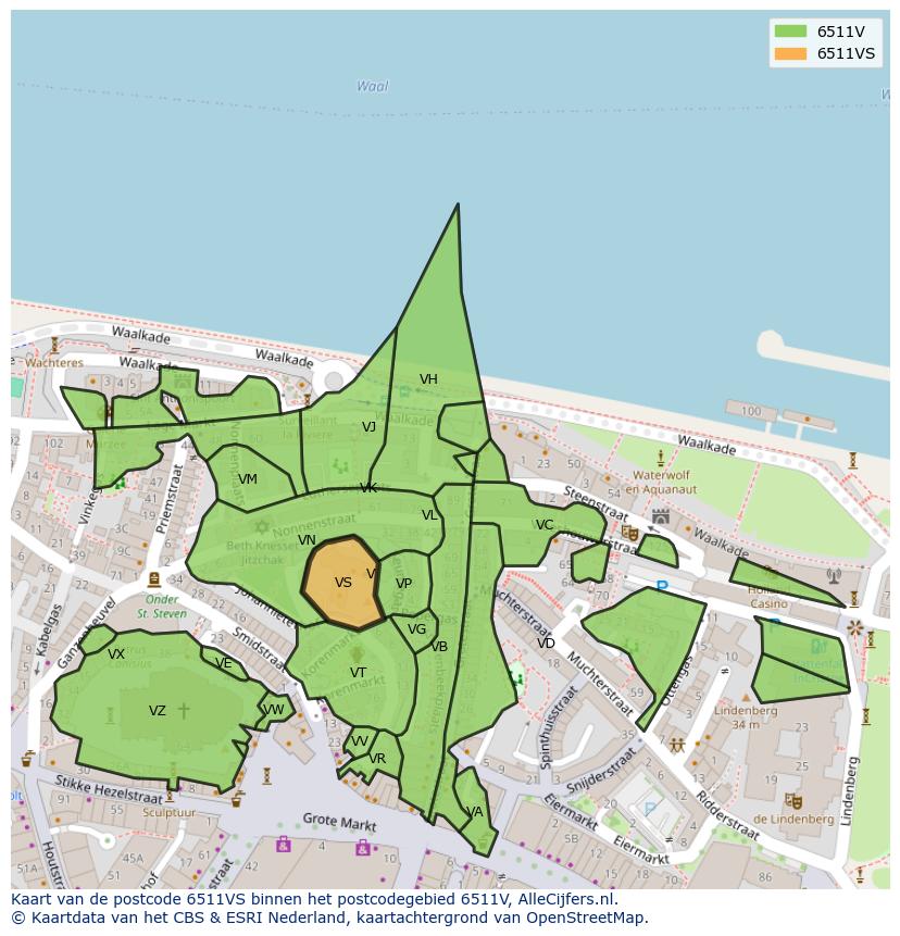 Afbeelding van het postcodegebied 6511 VS op de kaart.