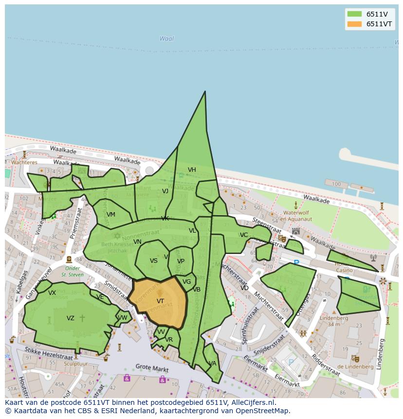 Afbeelding van het postcodegebied 6511 VT op de kaart.