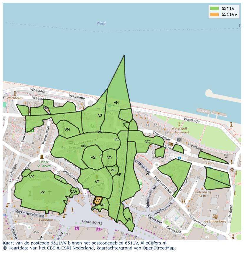 Afbeelding van het postcodegebied 6511 VV op de kaart.
