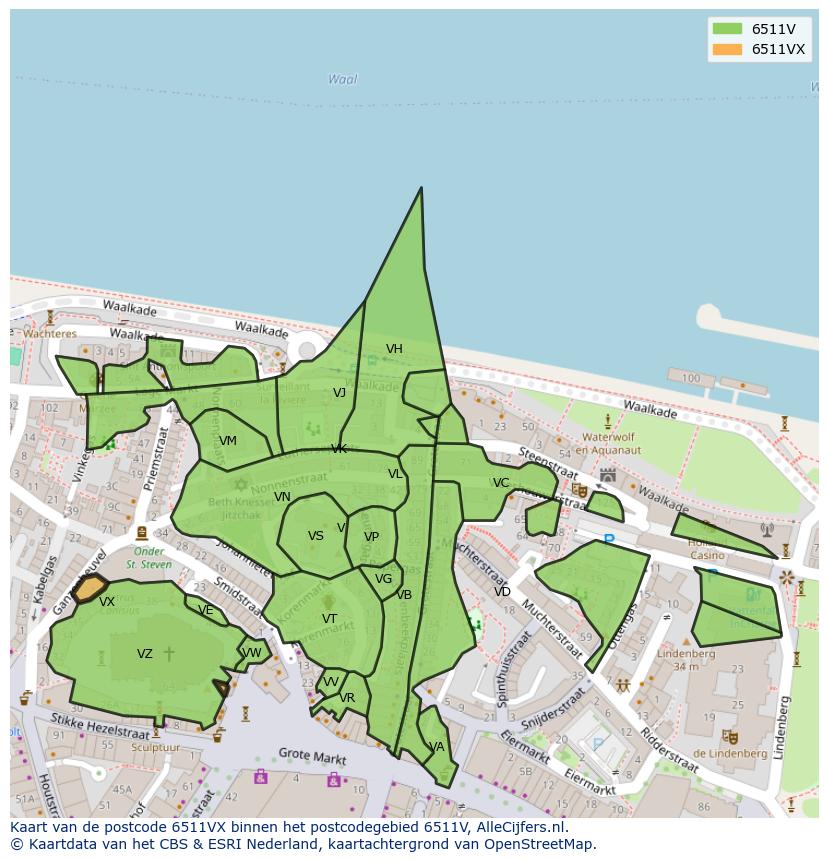 Afbeelding van het postcodegebied 6511 VX op de kaart.