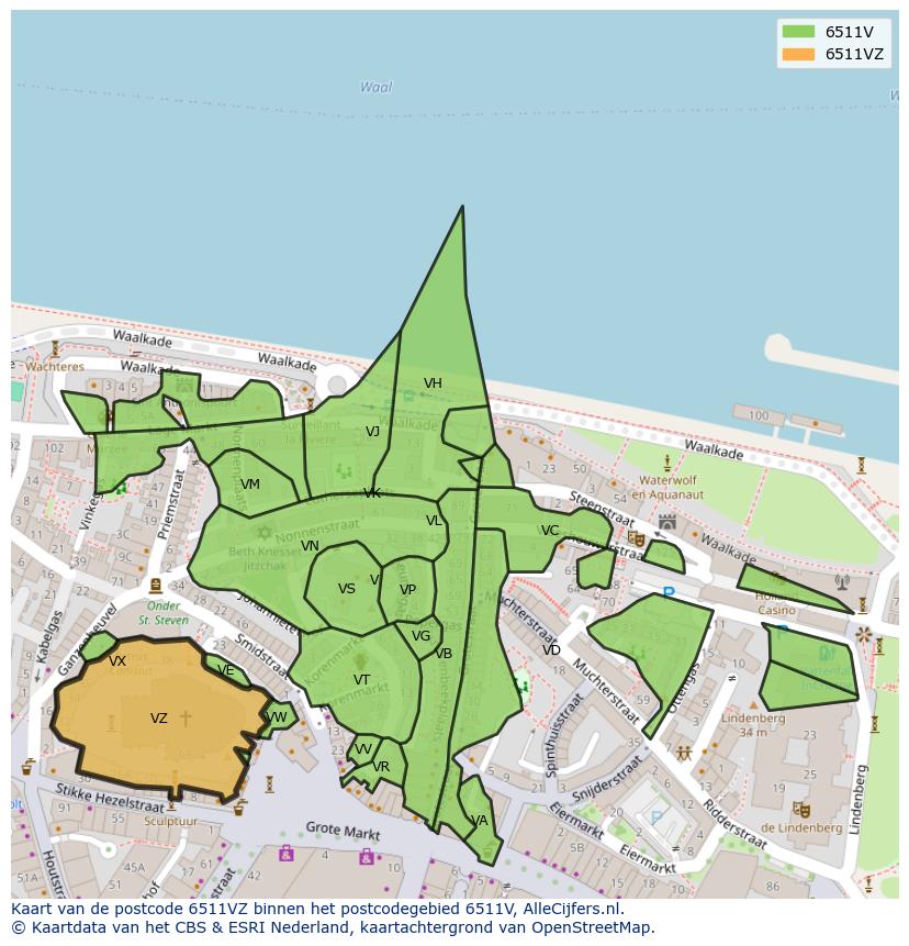 Afbeelding van het postcodegebied 6511 VZ op de kaart.