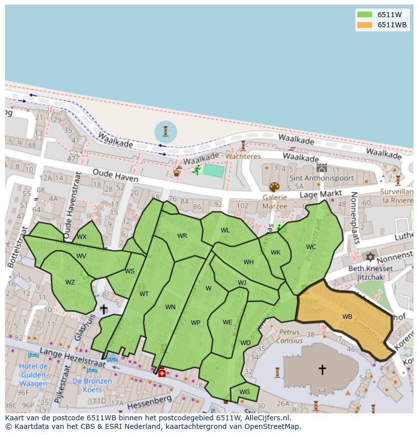 Afbeelding van het postcodegebied 6511 WB op de kaart.