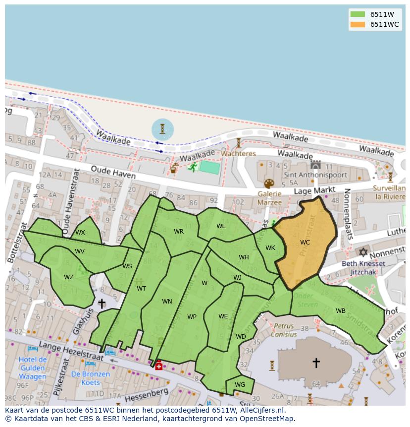 Afbeelding van het postcodegebied 6511 WC op de kaart.
