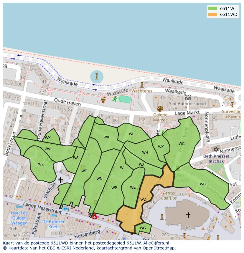 Afbeelding van het postcodegebied 6511 WD op de kaart.