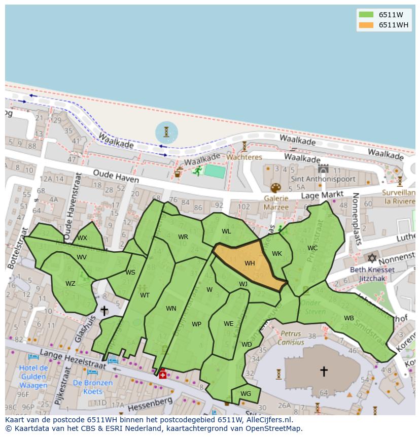 Afbeelding van het postcodegebied 6511 WH op de kaart.