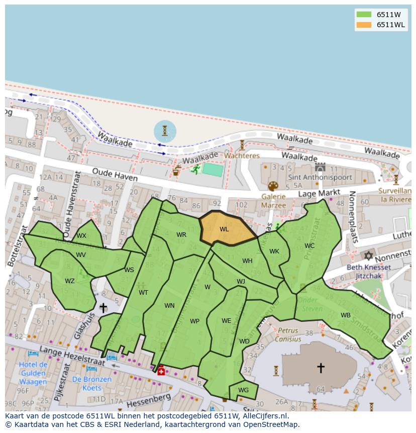 Afbeelding van het postcodegebied 6511 WL op de kaart.