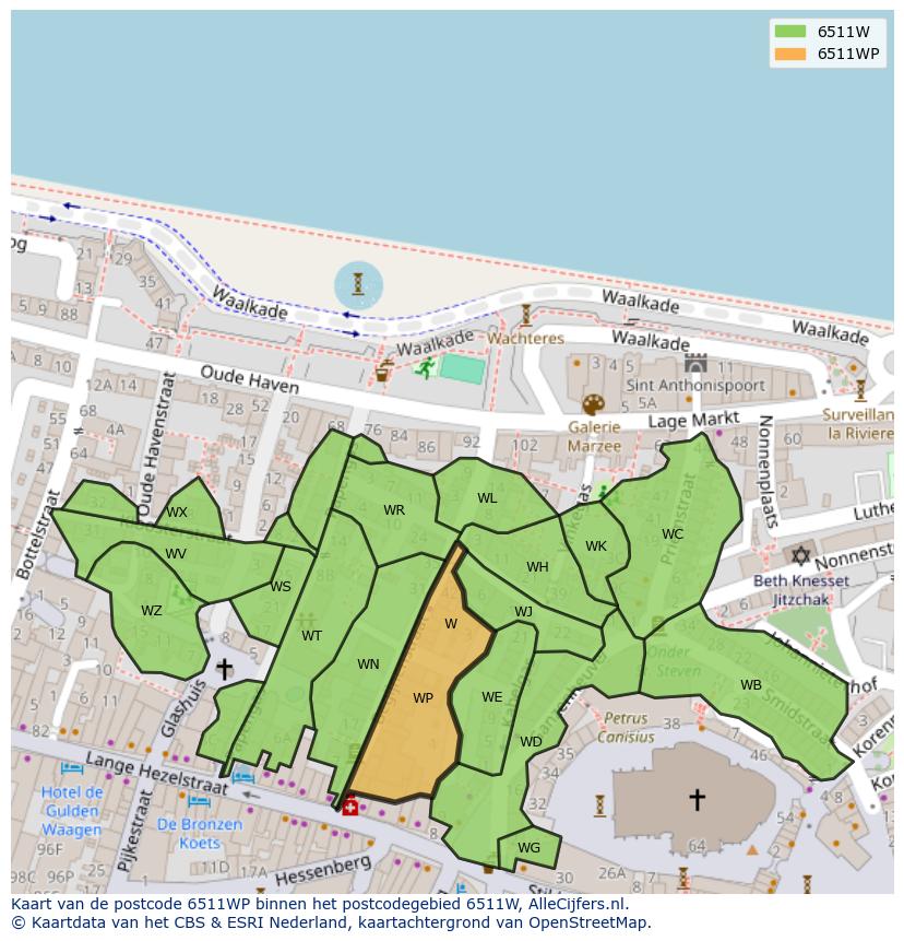 Afbeelding van het postcodegebied 6511 WP op de kaart.