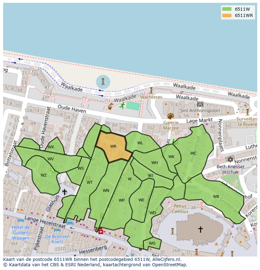 Afbeelding van het postcodegebied 6511 WR op de kaart.