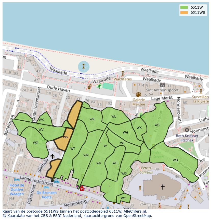 Afbeelding van het postcodegebied 6511 WS op de kaart.