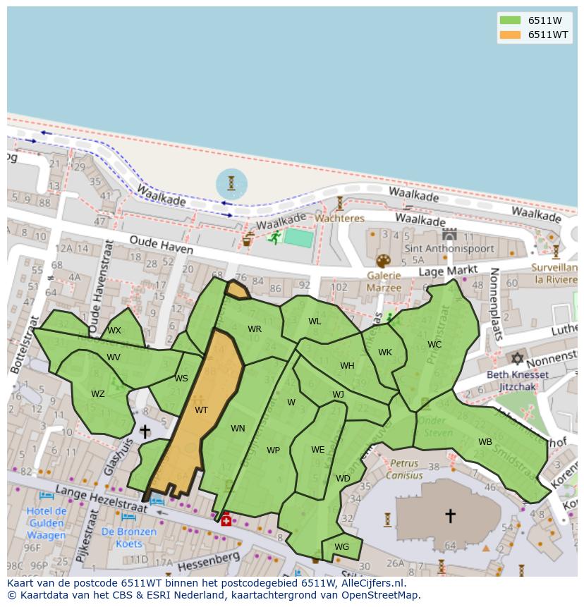 Afbeelding van het postcodegebied 6511 WT op de kaart.