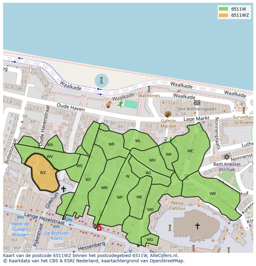 Afbeelding van het postcodegebied 6511 WZ op de kaart.