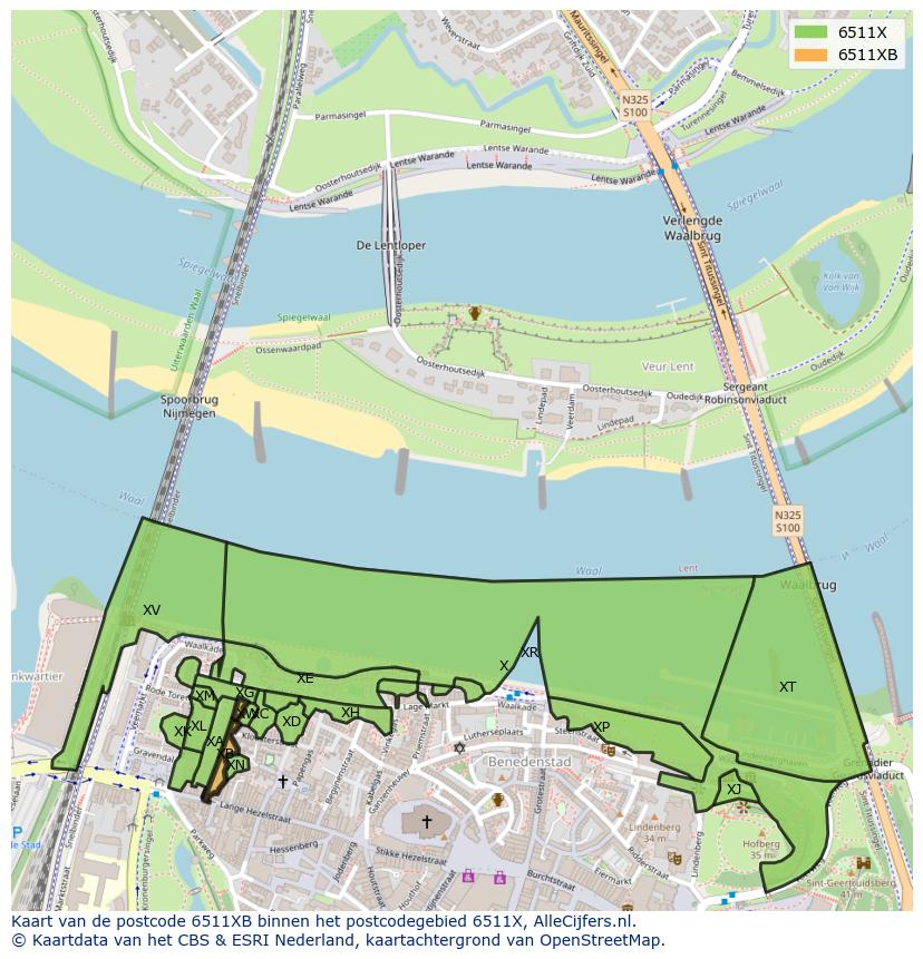 Afbeelding van het postcodegebied 6511 XB op de kaart.