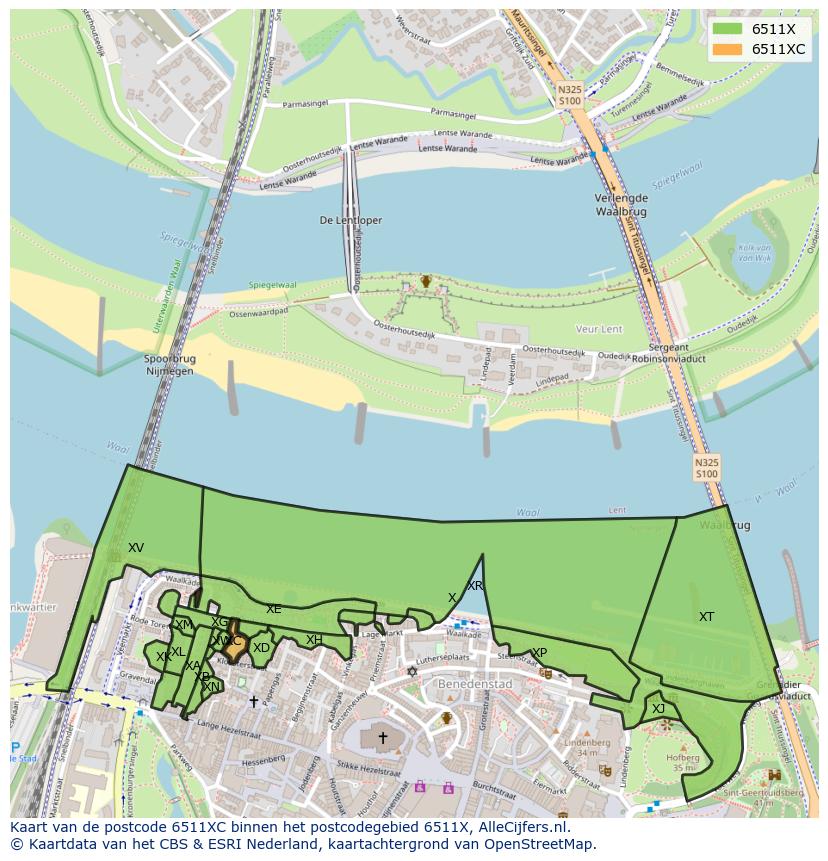 Afbeelding van het postcodegebied 6511 XC op de kaart.