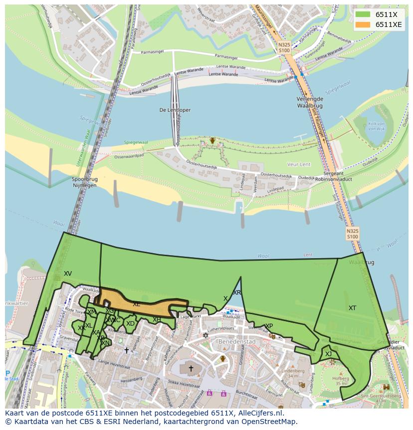 Afbeelding van het postcodegebied 6511 XE op de kaart.