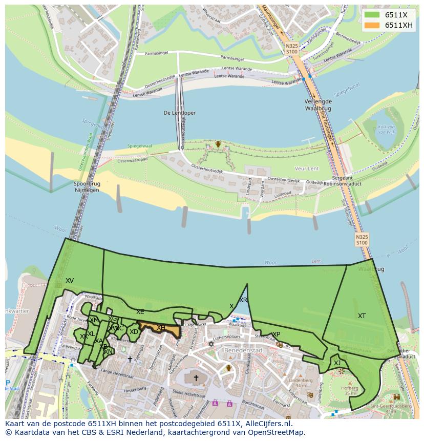 Afbeelding van het postcodegebied 6511 XH op de kaart.