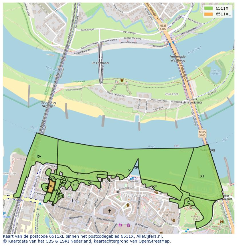 Afbeelding van het postcodegebied 6511 XL op de kaart.