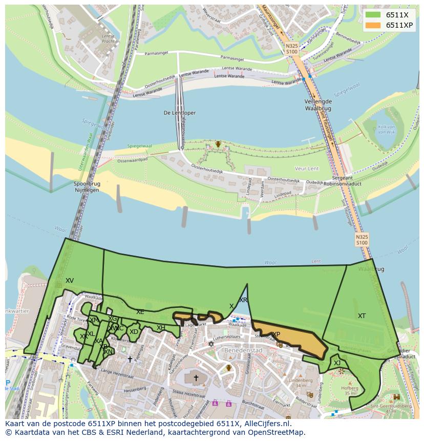 Afbeelding van het postcodegebied 6511 XP op de kaart.