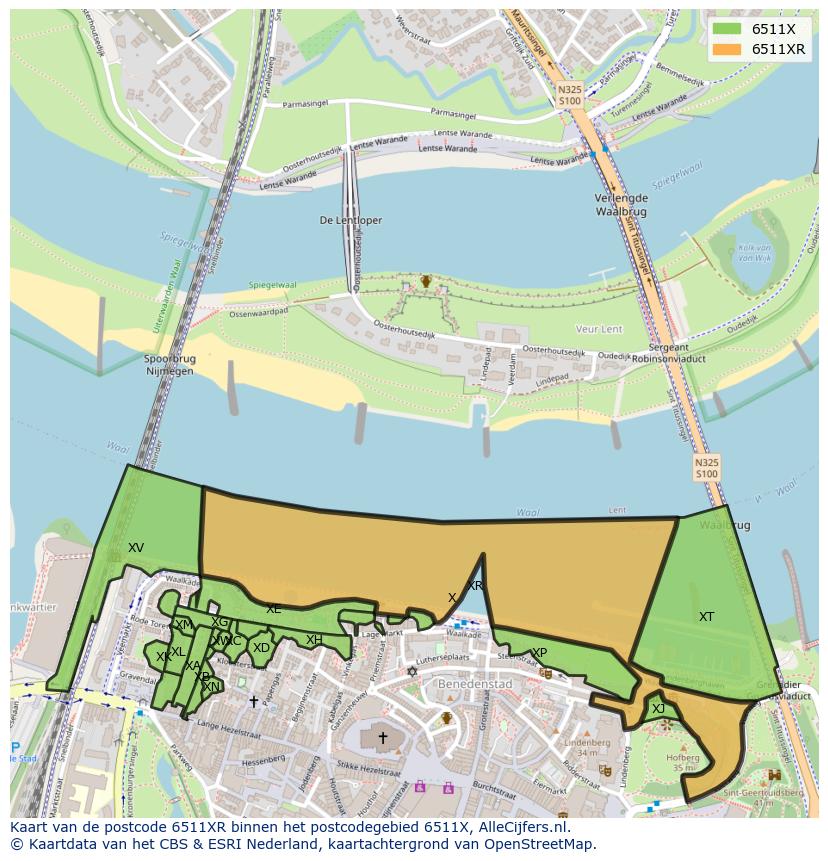 Afbeelding van het postcodegebied 6511 XR op de kaart.
