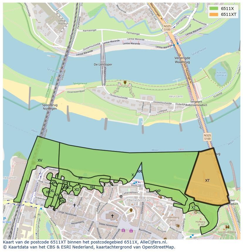 Afbeelding van het postcodegebied 6511 XT op de kaart.