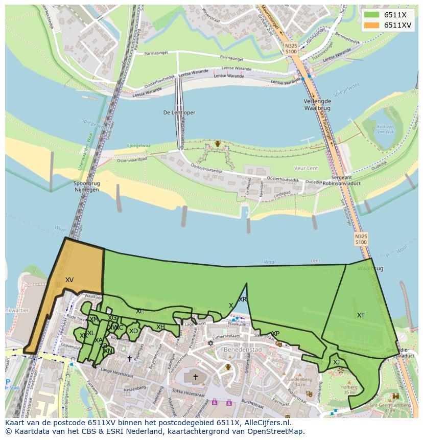 Afbeelding van het postcodegebied 6511 XV op de kaart.