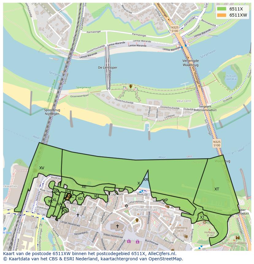 Afbeelding van het postcodegebied 6511 XW op de kaart.