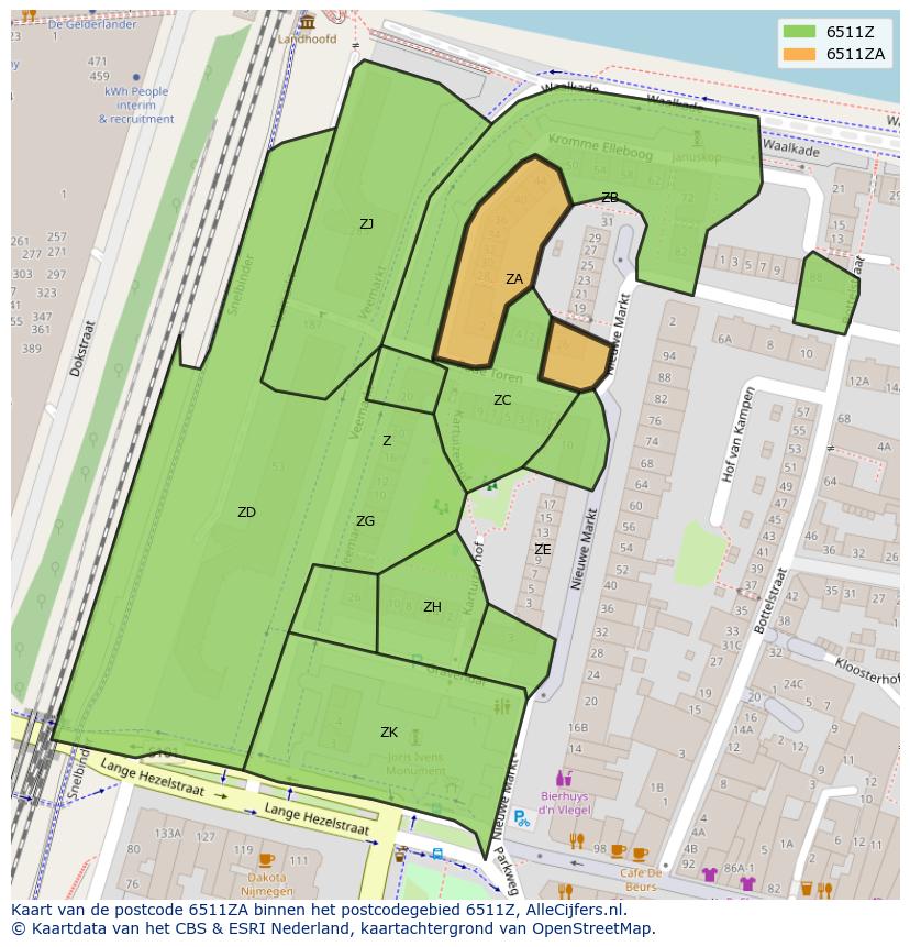 Afbeelding van het postcodegebied 6511 ZA op de kaart.
