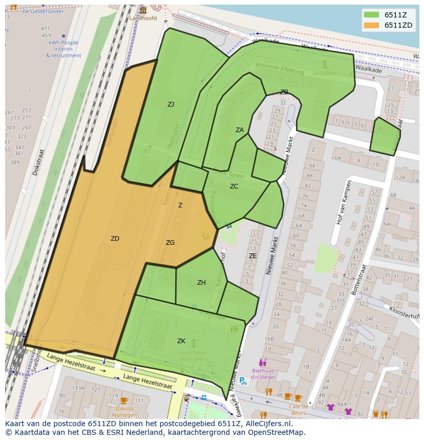 Afbeelding van het postcodegebied 6511 ZD op de kaart.