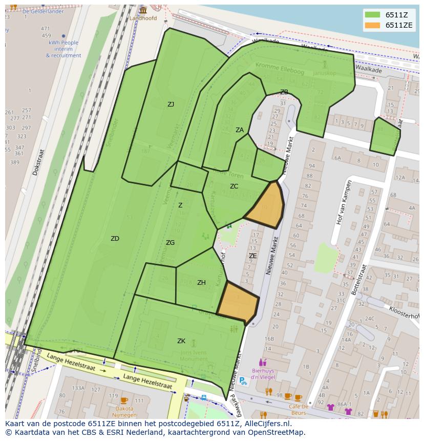 Afbeelding van het postcodegebied 6511 ZE op de kaart.