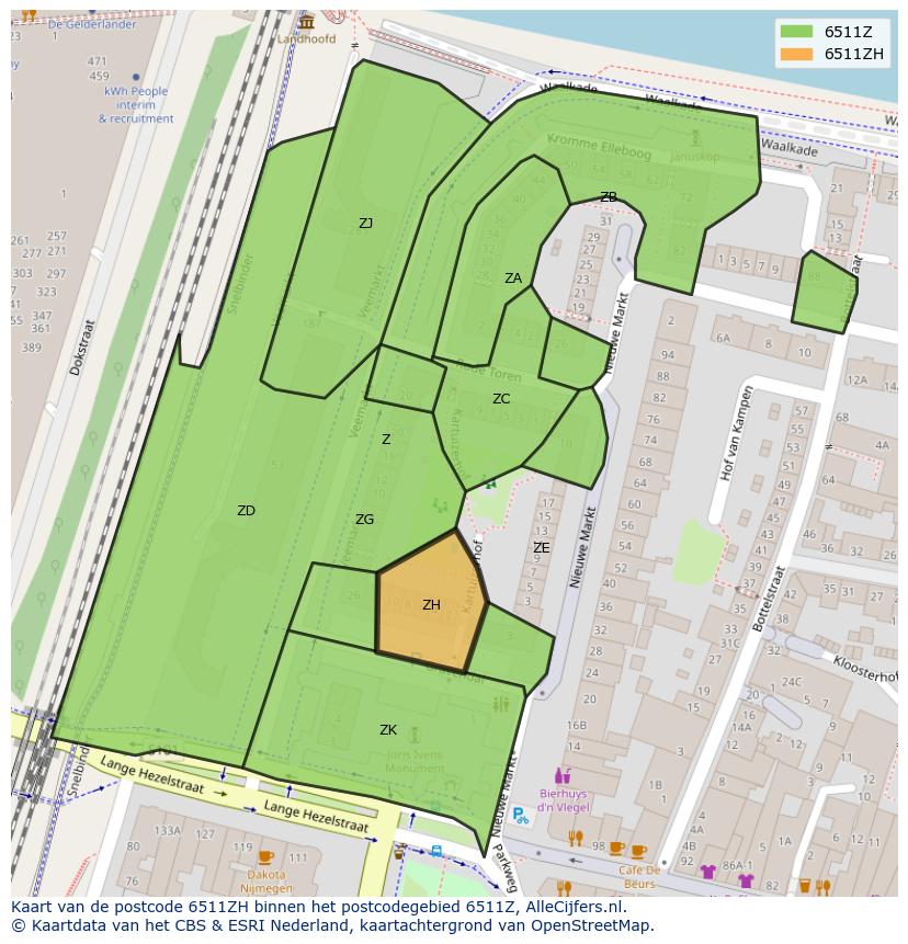 Afbeelding van het postcodegebied 6511 ZH op de kaart.