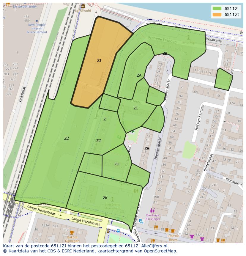 Afbeelding van het postcodegebied 6511 ZJ op de kaart.