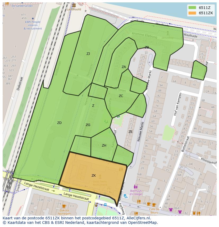 Afbeelding van het postcodegebied 6511 ZK op de kaart.