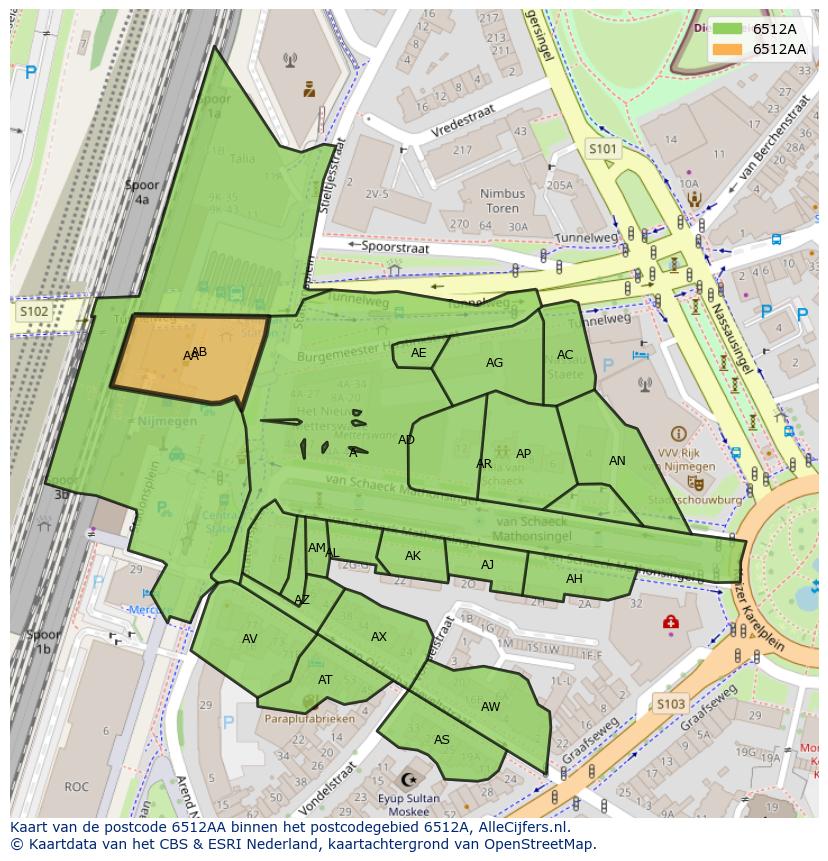 Afbeelding van het postcodegebied 6512 AA op de kaart.