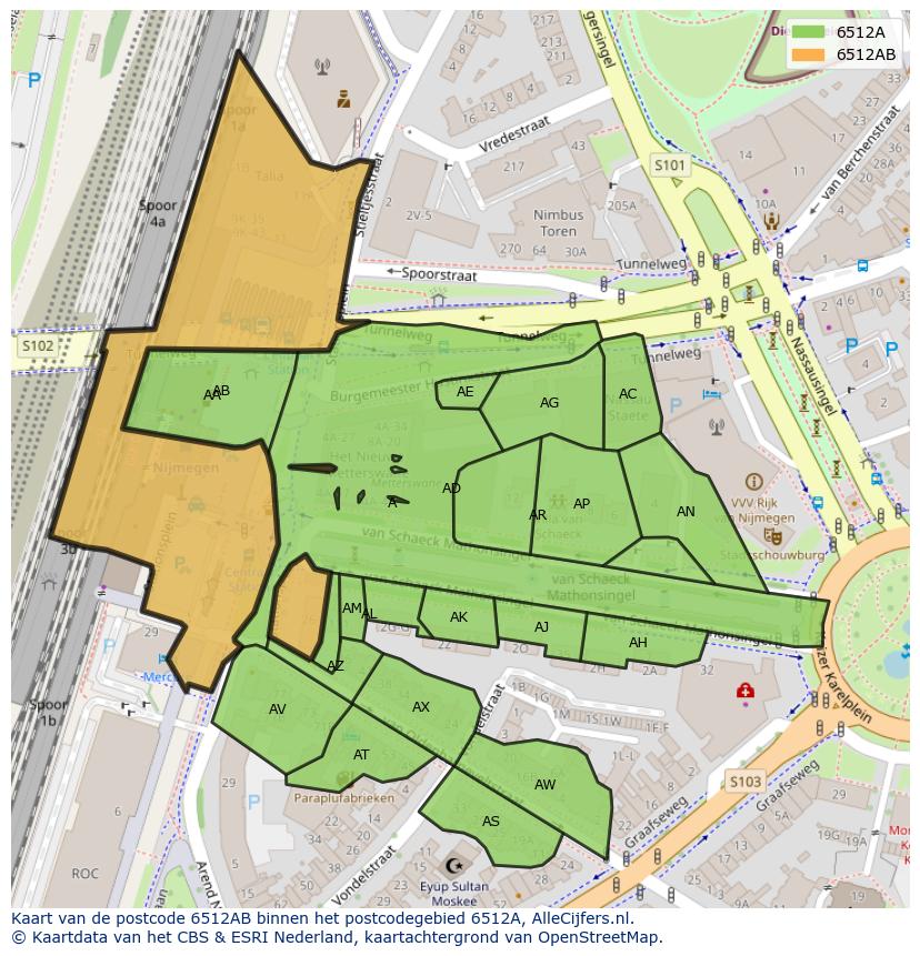 Afbeelding van het postcodegebied 6512 AB op de kaart.