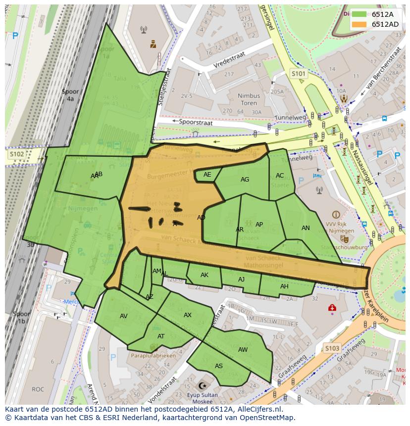 Afbeelding van het postcodegebied 6512 AD op de kaart.