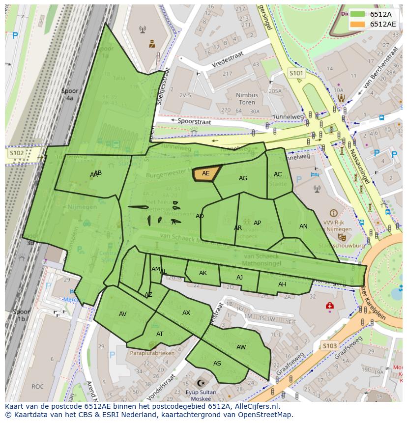 Afbeelding van het postcodegebied 6512 AE op de kaart.