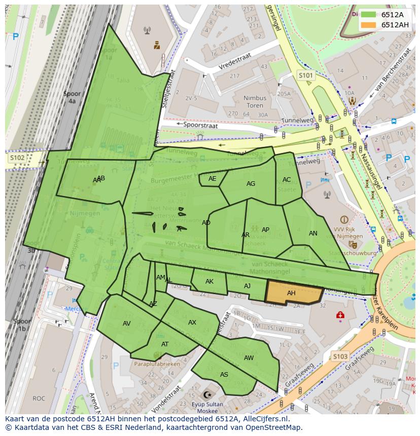 Afbeelding van het postcodegebied 6512 AH op de kaart.