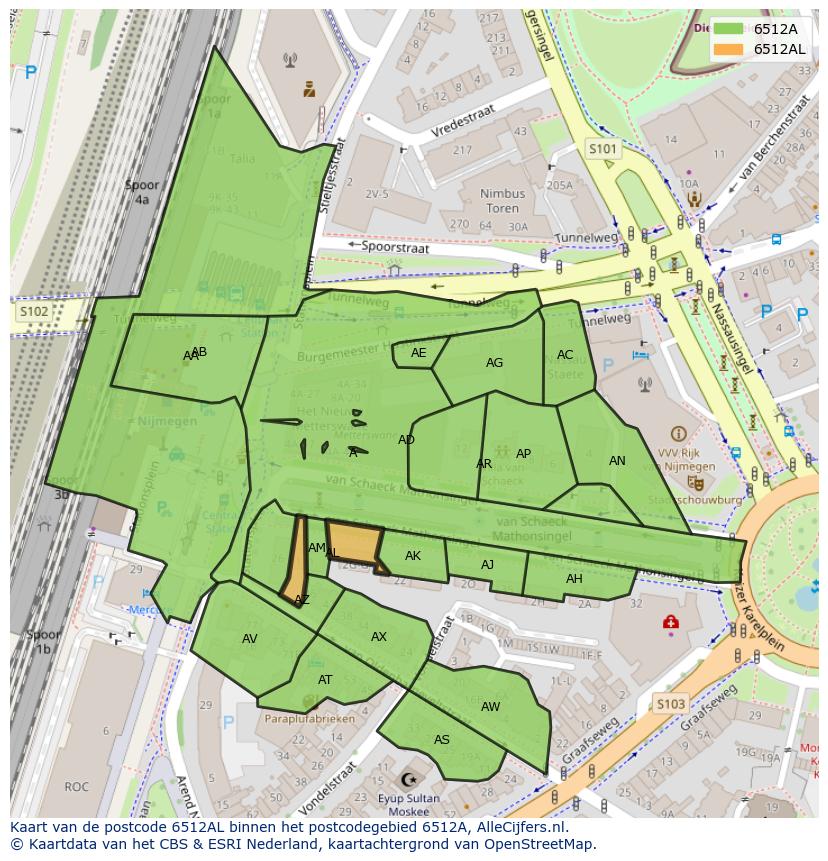 Afbeelding van het postcodegebied 6512 AL op de kaart.