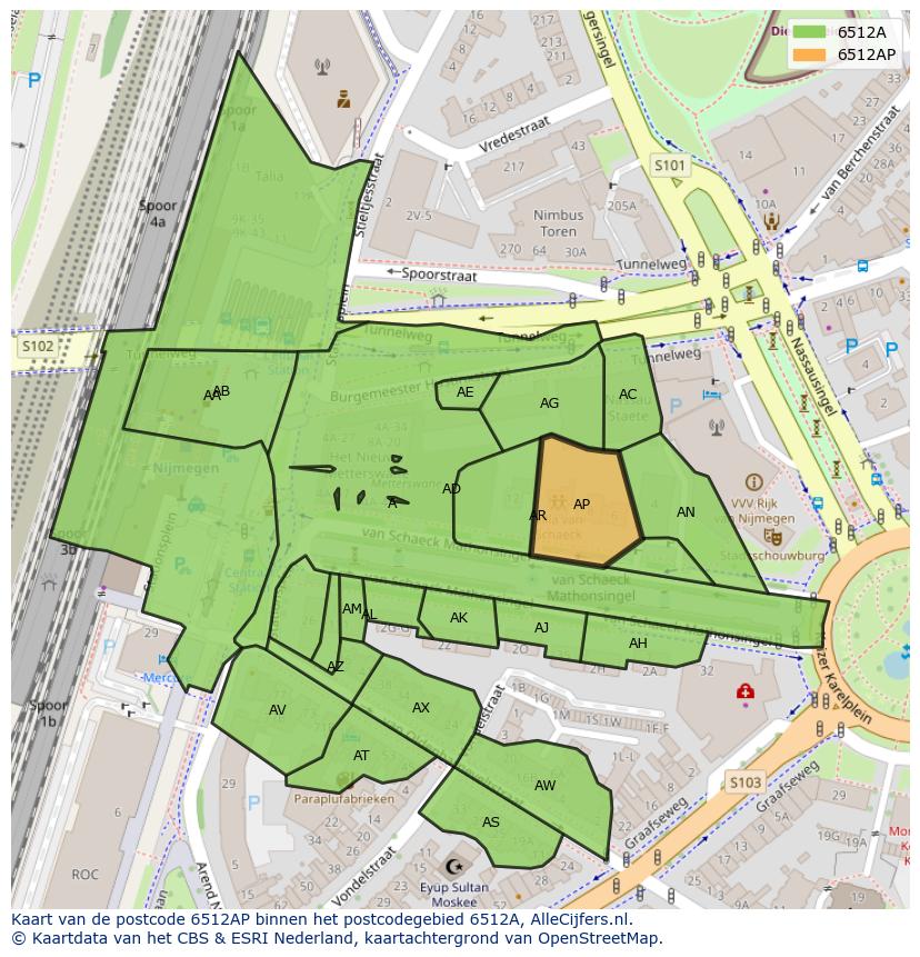 Afbeelding van het postcodegebied 6512 AP op de kaart.