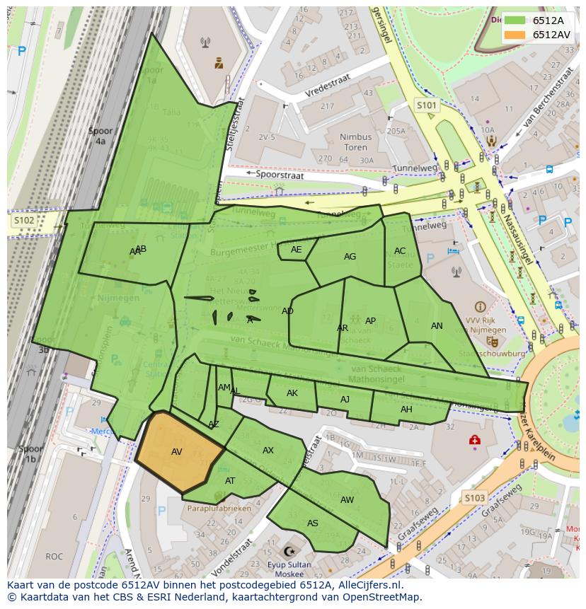 Afbeelding van het postcodegebied 6512 AV op de kaart.