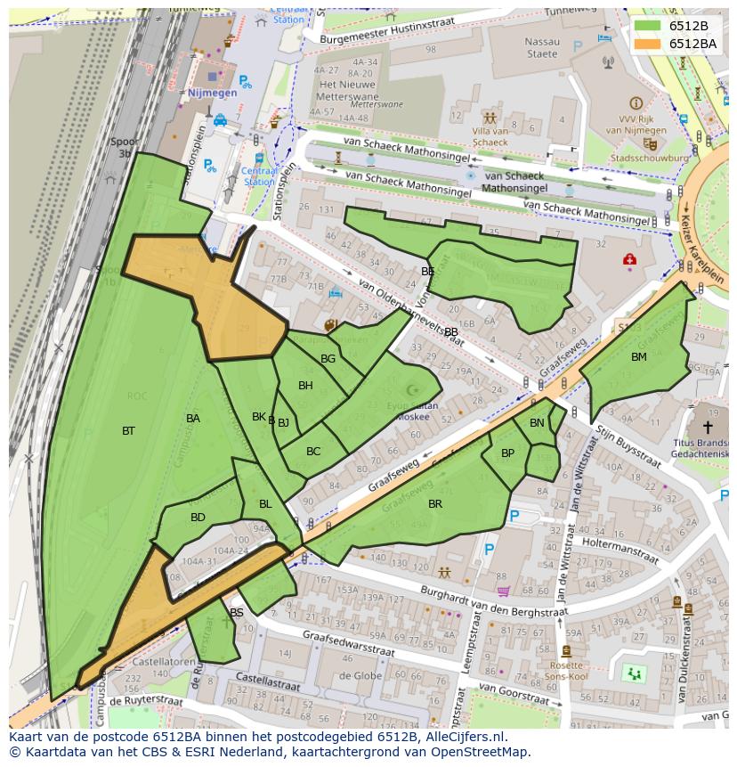 Afbeelding van het postcodegebied 6512 BA op de kaart.