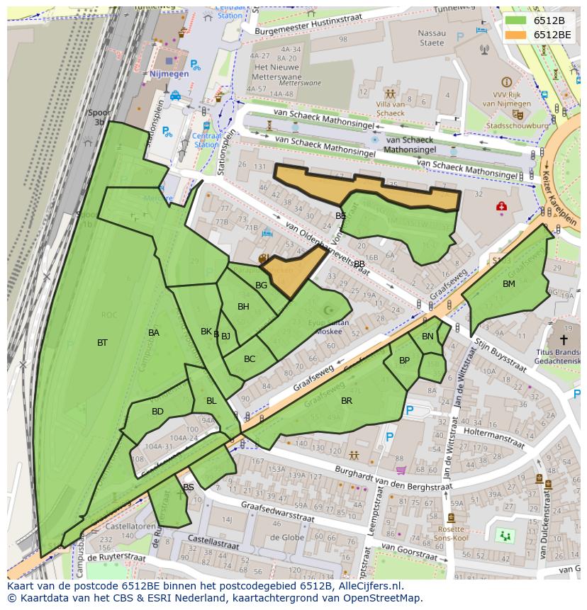 Afbeelding van het postcodegebied 6512 BE op de kaart.