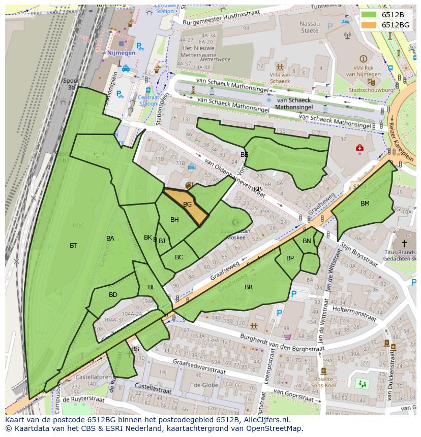 Afbeelding van het postcodegebied 6512 BG op de kaart.