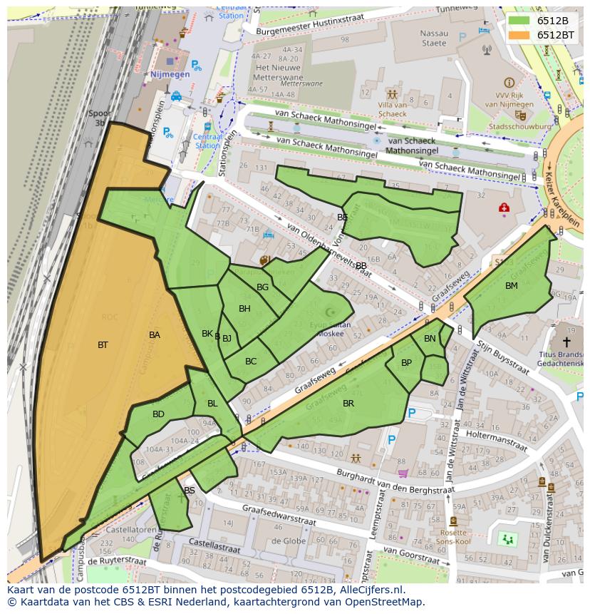 Afbeelding van het postcodegebied 6512 BT op de kaart.