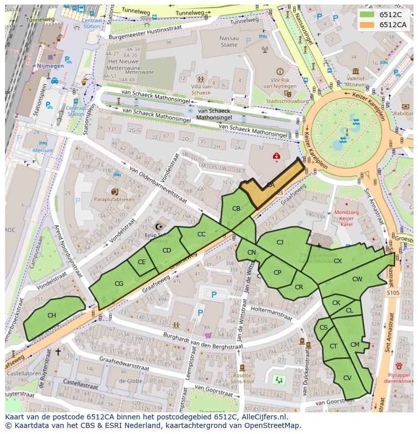Afbeelding van het postcodegebied 6512 CA op de kaart.